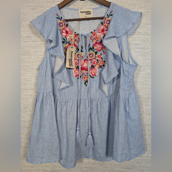 Savanna Jane Tops - Savanna Jane Plus Size Floral Embroidered Striped Sleeveless Blouse Top 1X NWT